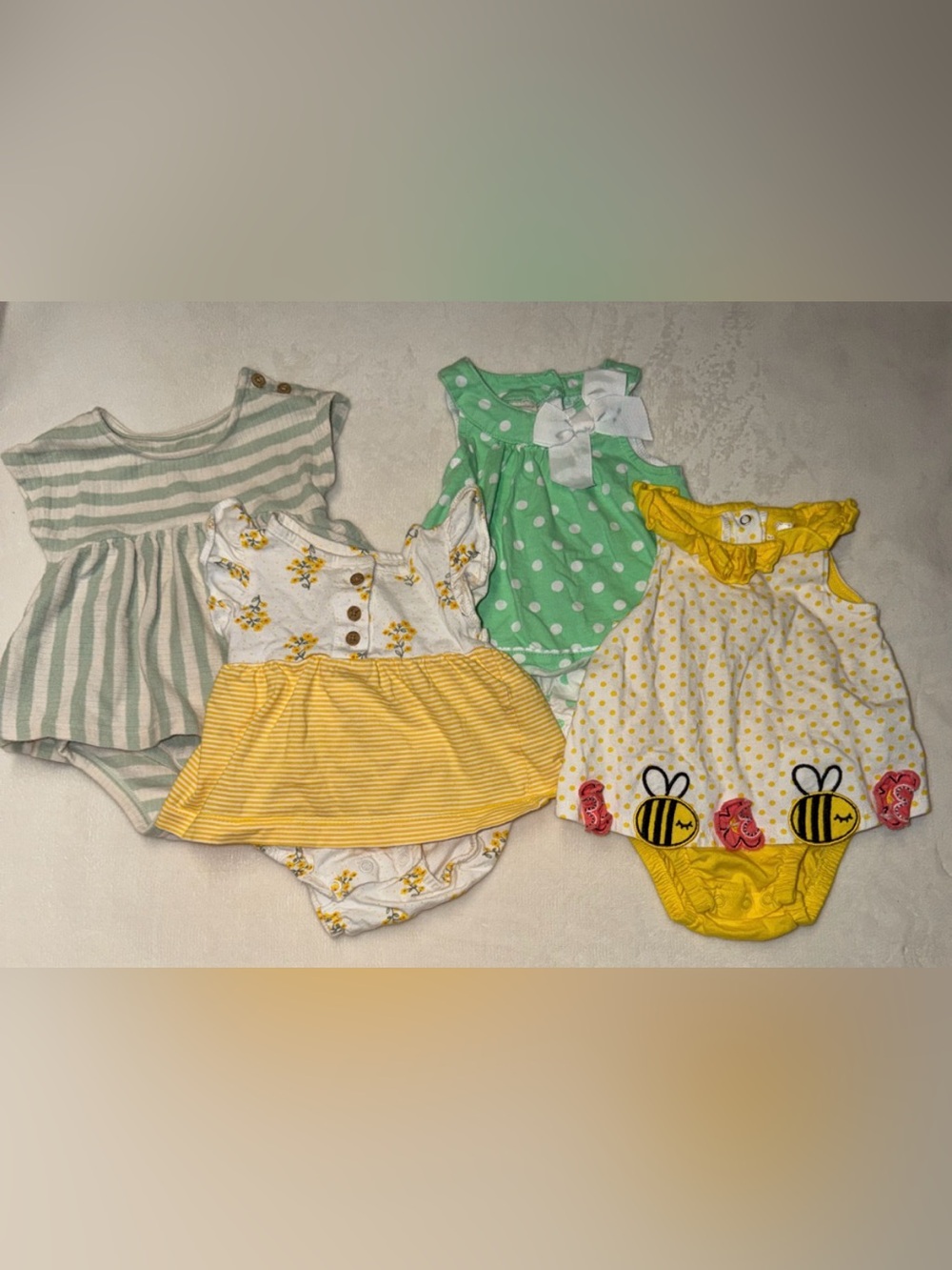 Set of 4 Baby Onesie Dresses in Yellow, Green and White